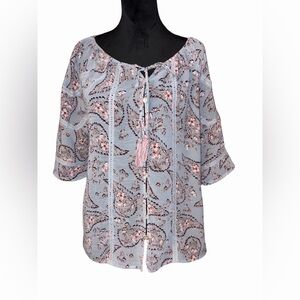 Knox Rose Paisley Boho Peasant Blouse Blue Pink Tassel Tie Flowy Size L